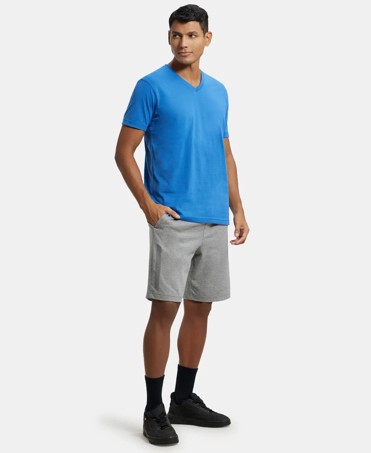 Super Combed Cotton Straight Fit Shorts with Side Pockets - Mid Grey Melange-4