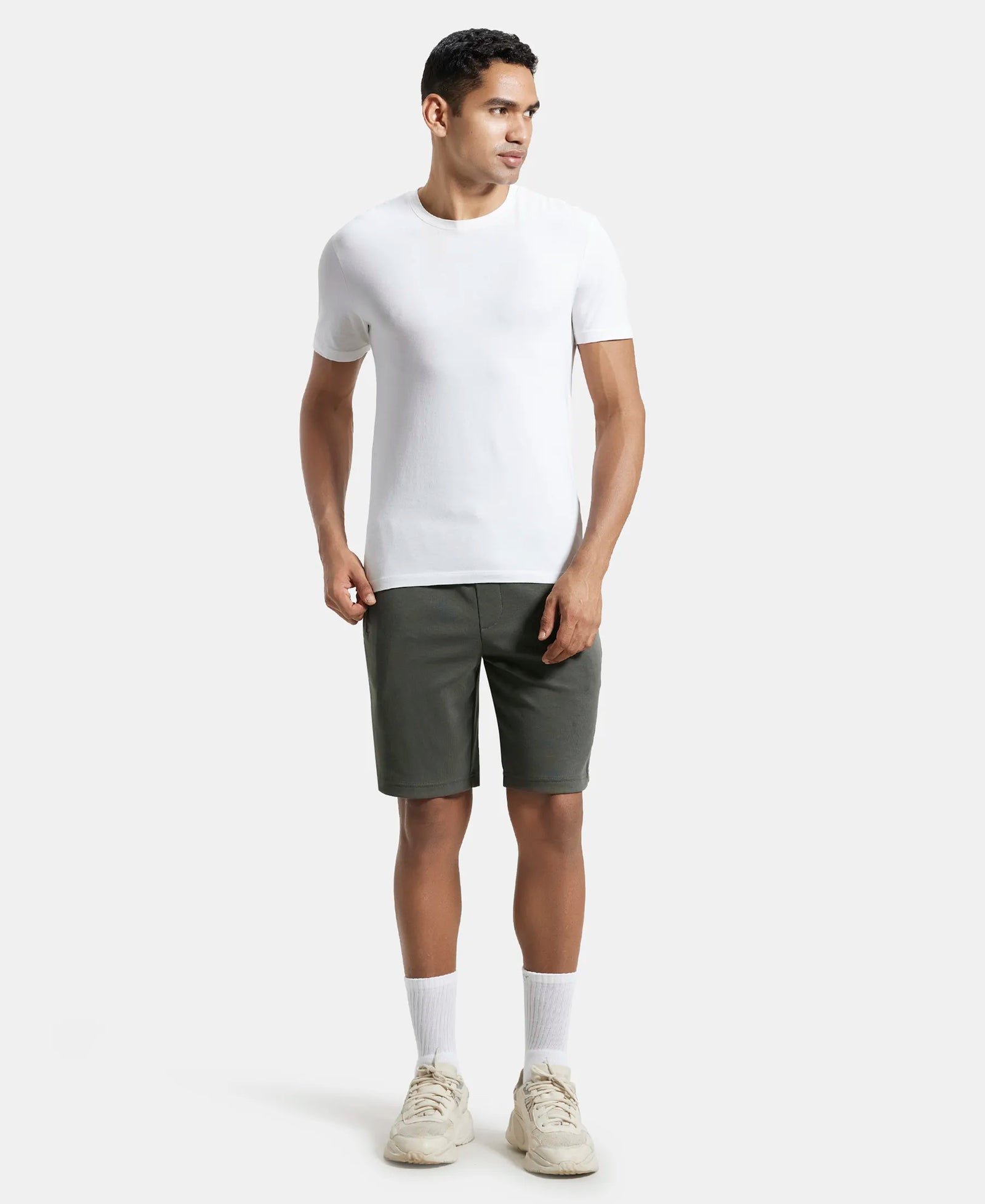Super Combed Cotton Rich Straight Fit Shorts with Zipper Pockets - Deep Olive-4