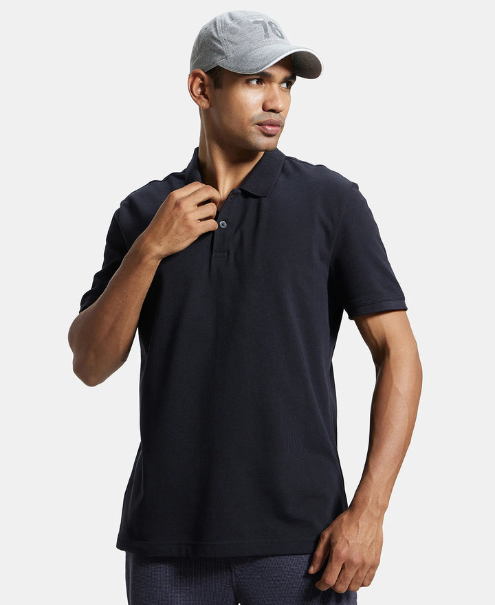 Super Combed Cotton Rich Pique Fabric Solid Half Sleeve Polo T-Shirt - Black-5