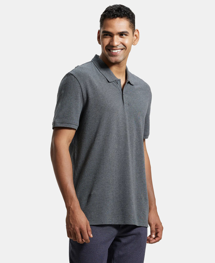 Super Combed Cotton Rich Pique Fabric Solid Half Sleeve Polo T-Shirt - Charcoal Melange-2