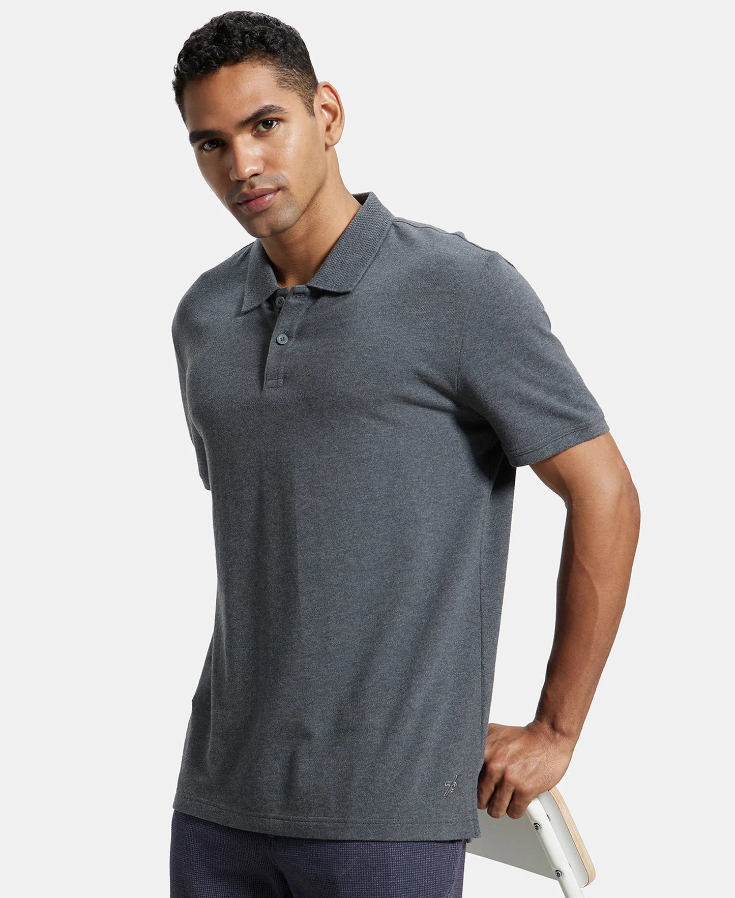 Super Combed Cotton Rich Pique Fabric Solid Half Sleeve Polo T-Shirt - Charcoal Melange-5