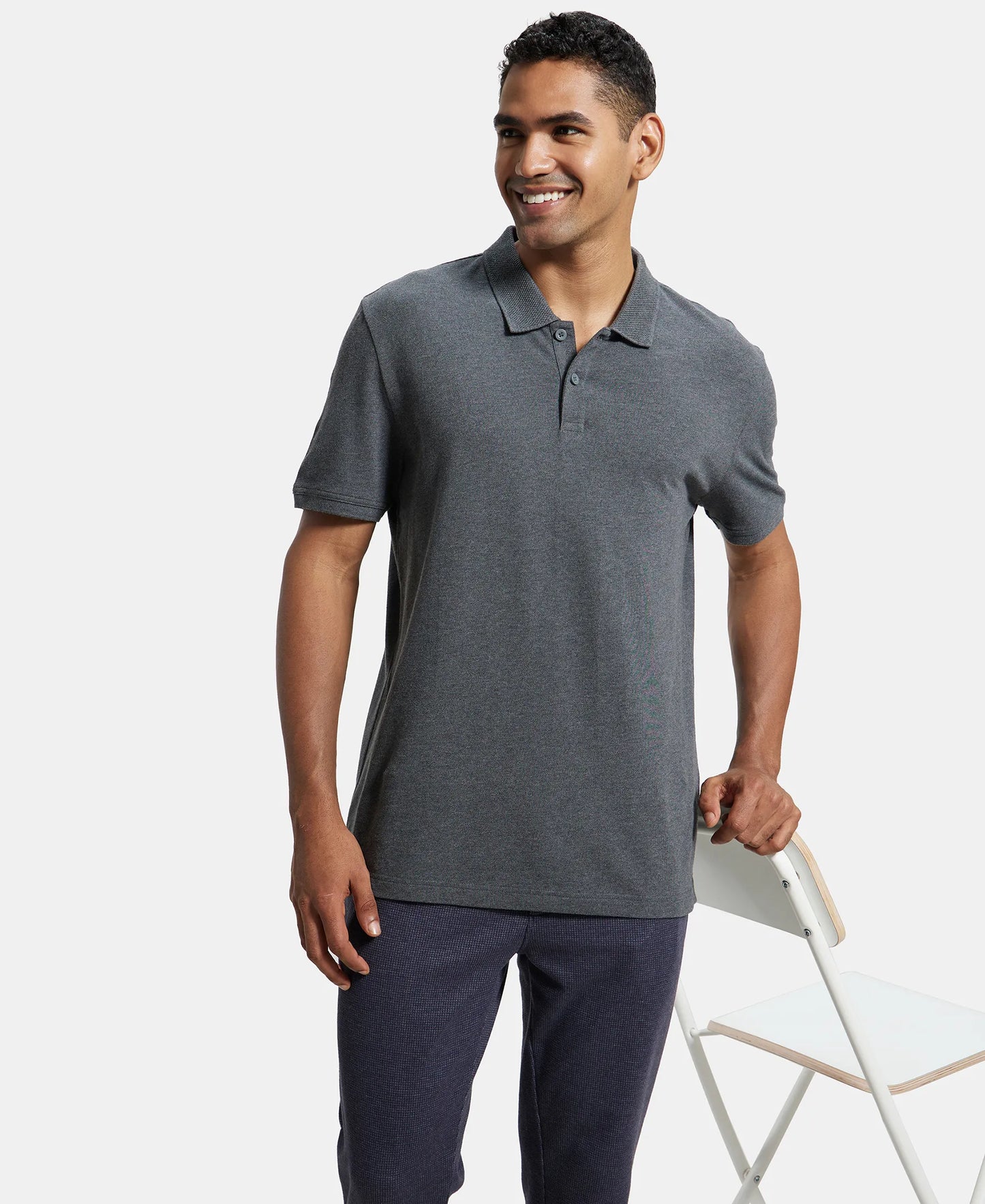 Super Combed Cotton Rich Pique Fabric Solid Half Sleeve Polo T-Shirt - Charcoal Melange-6