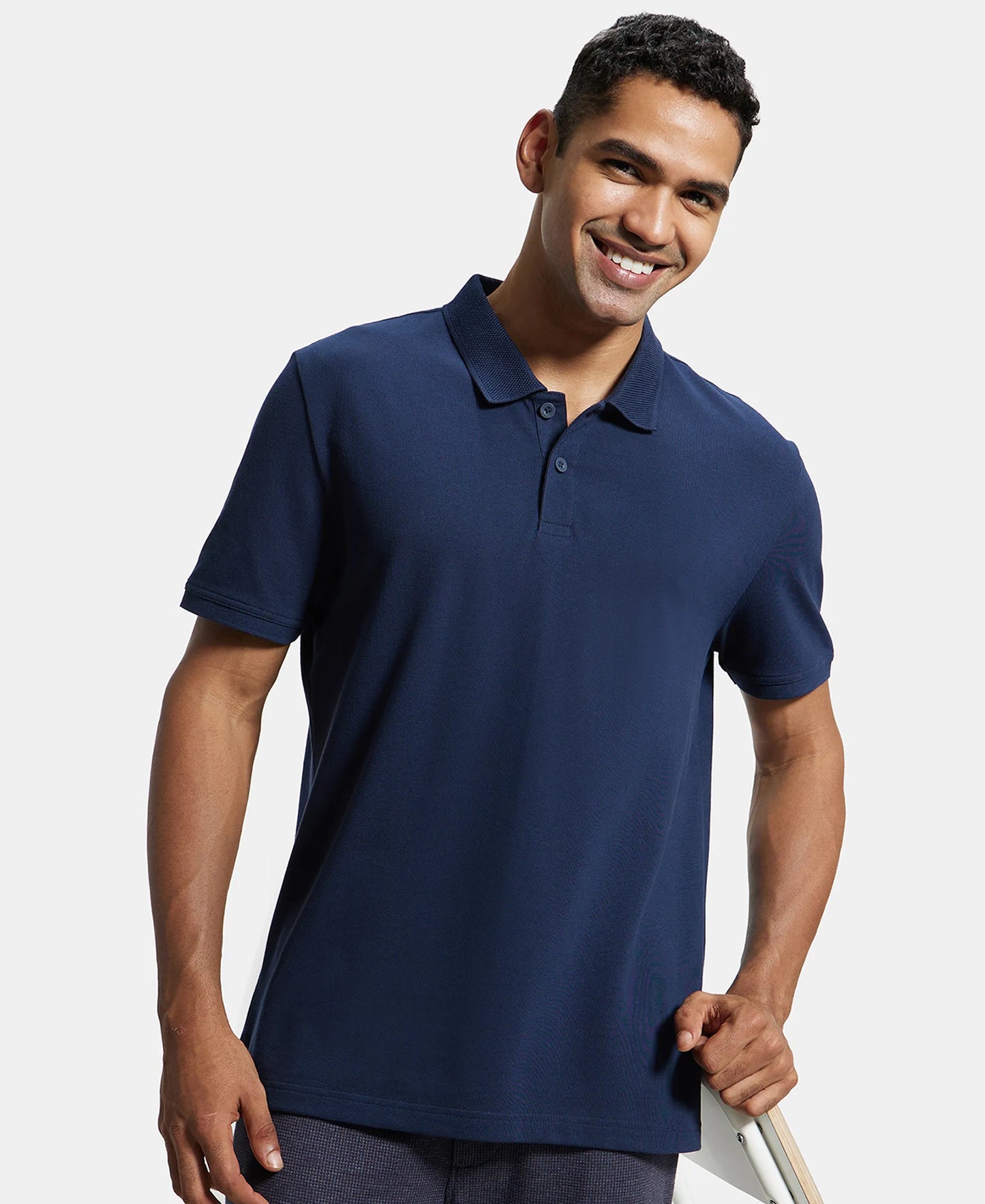Super Combed Cotton Rich Pique Fabric Solid Half Sleeve Polo T-Shirt - Navy-5