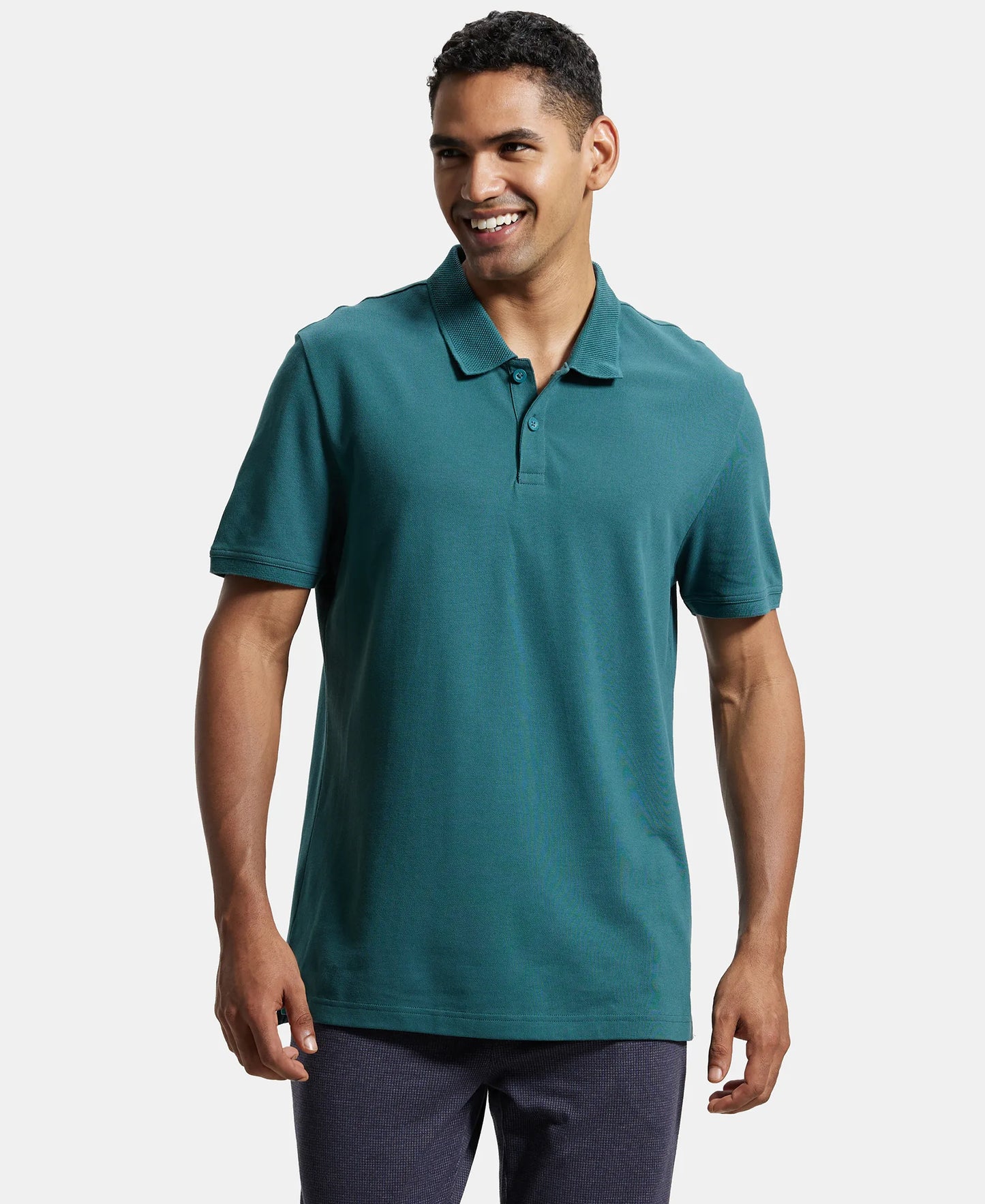 Super Combed Cotton Rich Pique Fabric Solid Half Sleeve Polo T-Shirt - Pacific Green-1