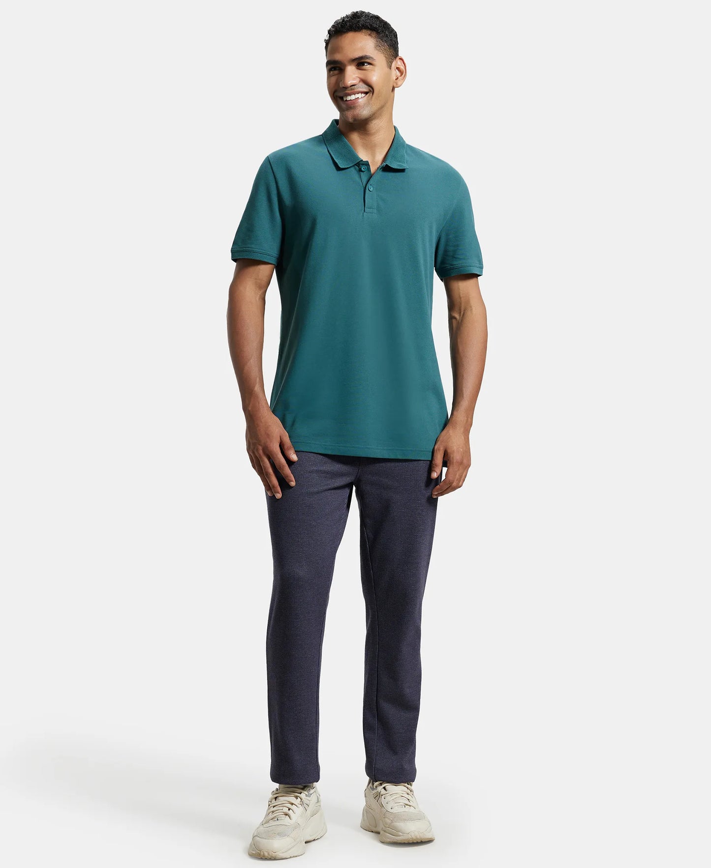 Super Combed Cotton Rich Pique Fabric Solid Half Sleeve Polo T-Shirt - Pacific Green-4