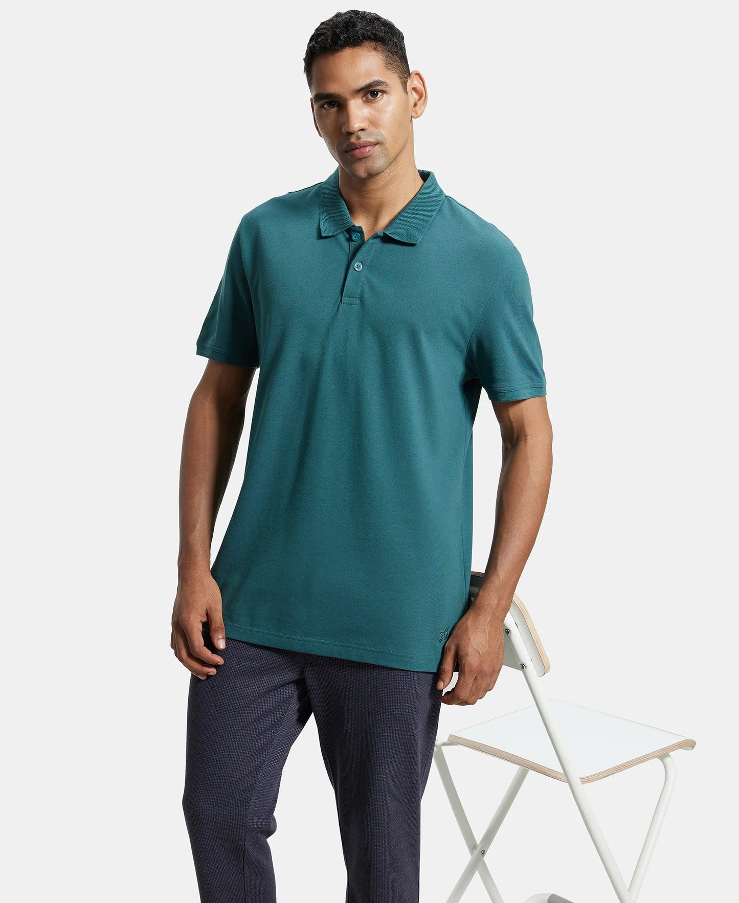 Super Combed Cotton Rich Pique Fabric Solid Half Sleeve Polo T-Shirt - Pacific Green-6