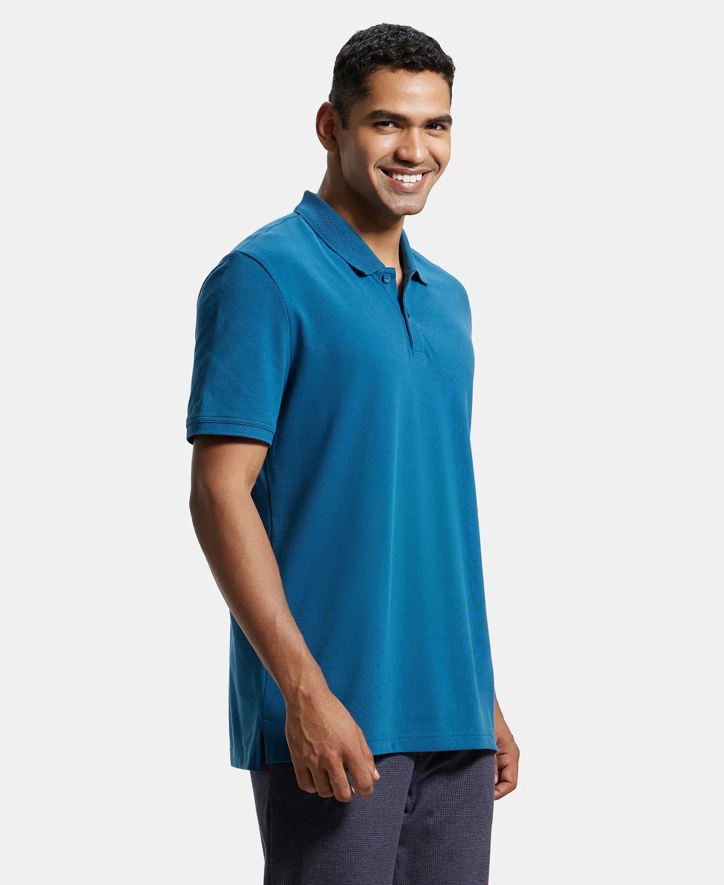 Super Combed Cotton Rich Pique Fabric Solid Half Sleeve Polo T-Shirt - Seaport Teal-2