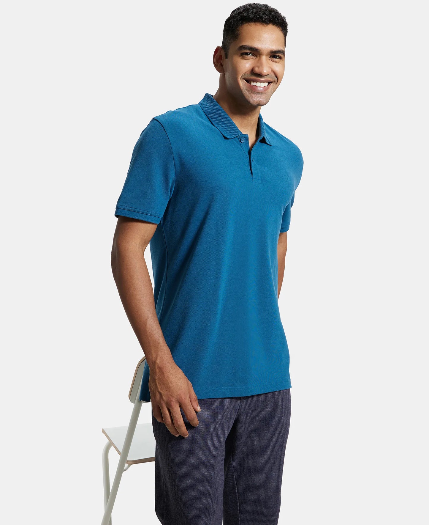 Super Combed Cotton Rich Pique Fabric Solid Half Sleeve Polo T-Shirt - Seaport Teal-6
