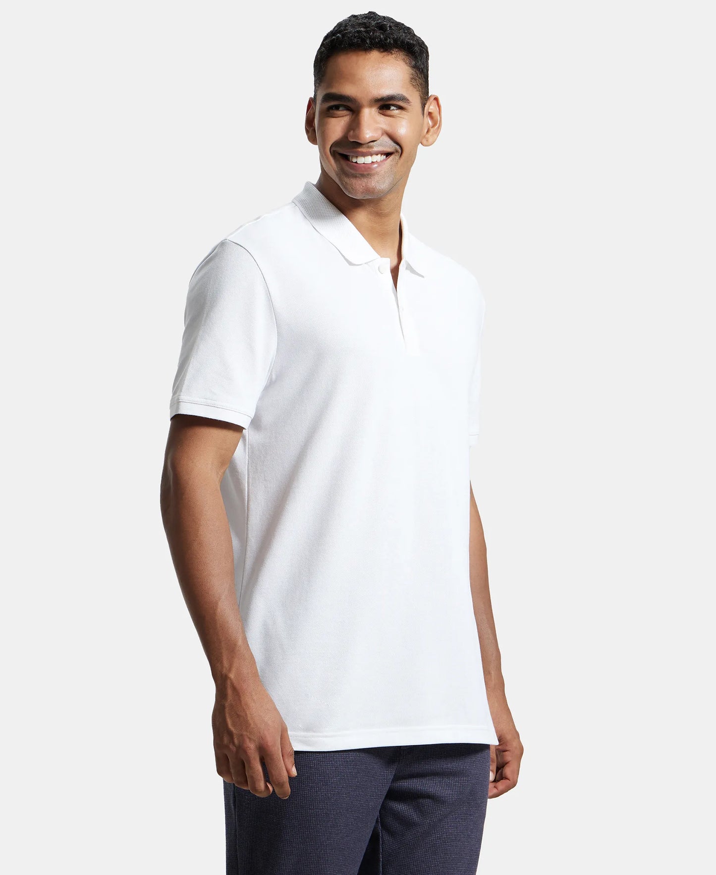 Super Combed Cotton Rich Pique Fabric Solid Half Sleeve Polo T-Shirt - White-2