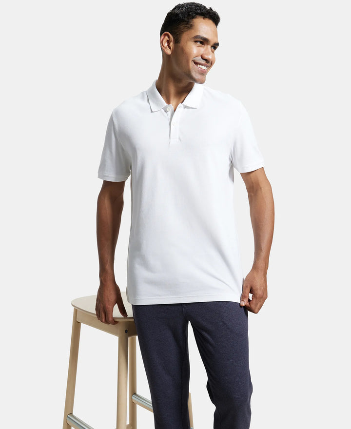 Super Combed Cotton Rich Pique Fabric Solid Half Sleeve Polo T-Shirt - White-6