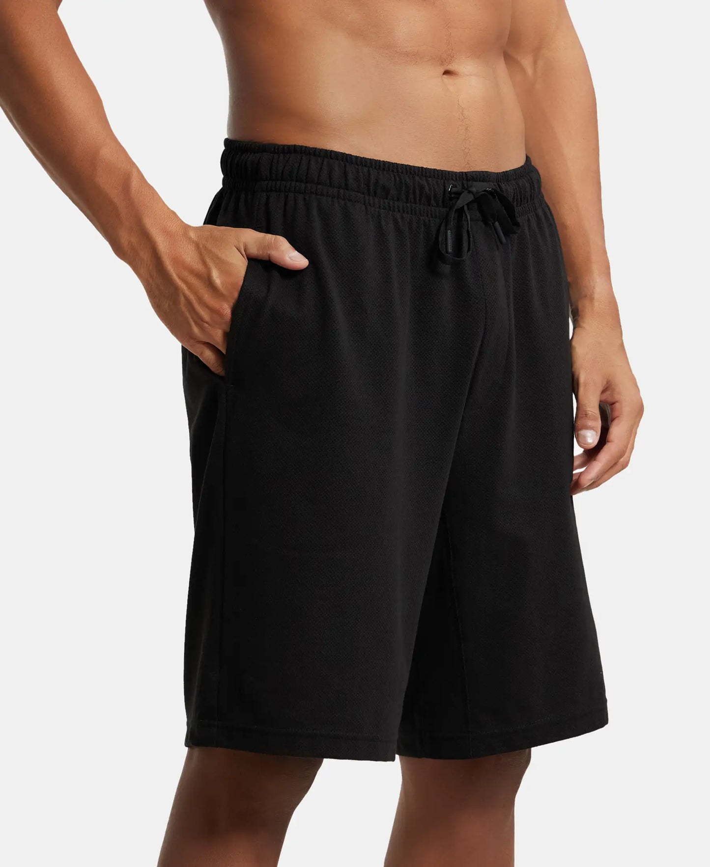 Super Combed Cotton Rich Mesh Elastane Stretch Regular Fit Shorts with Side Pockets - Black-2