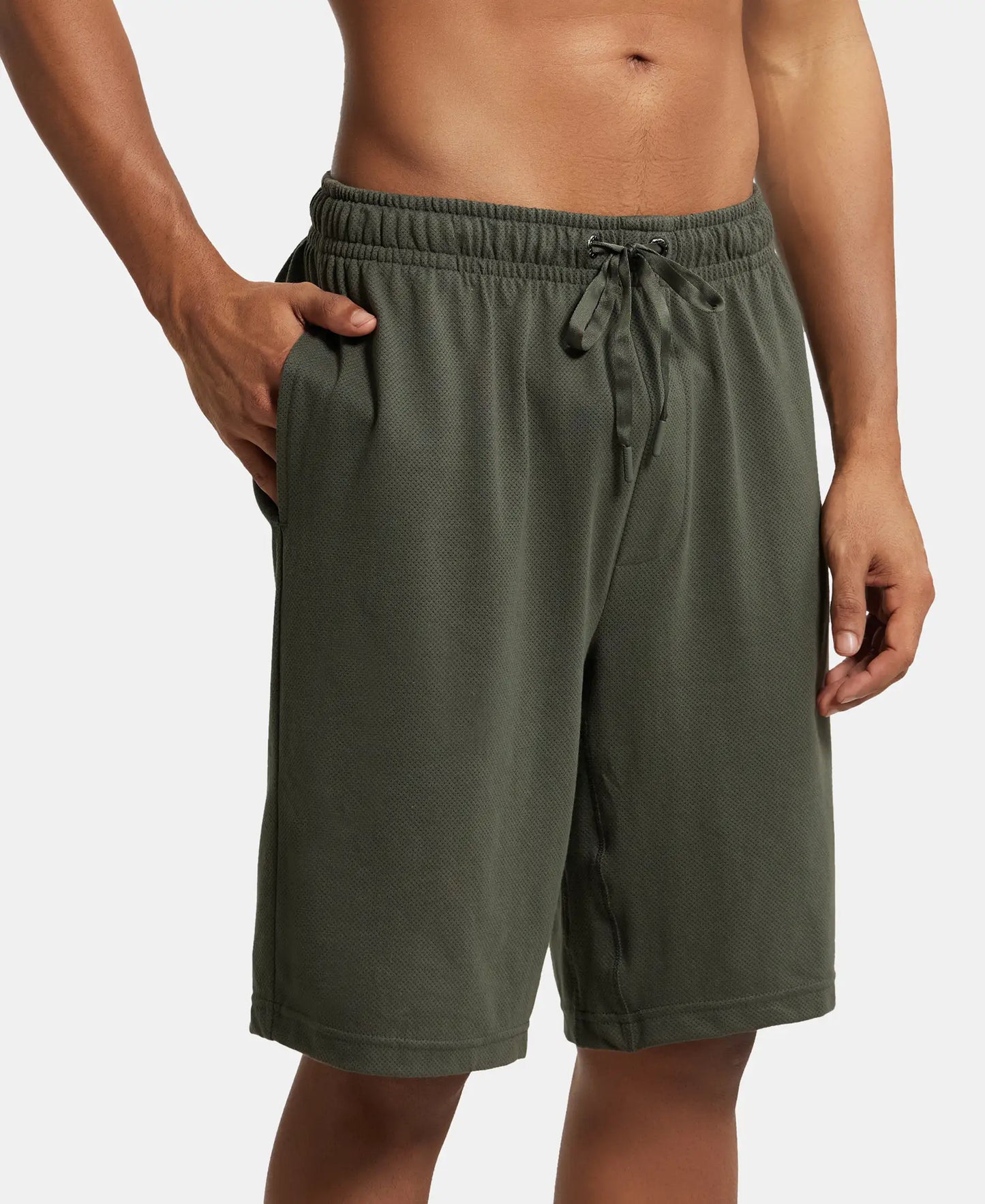 Super Combed Cotton Rich Mesh Elastane Stretch Regular Fit Shorts with Side Pockets - Deep Olive-2