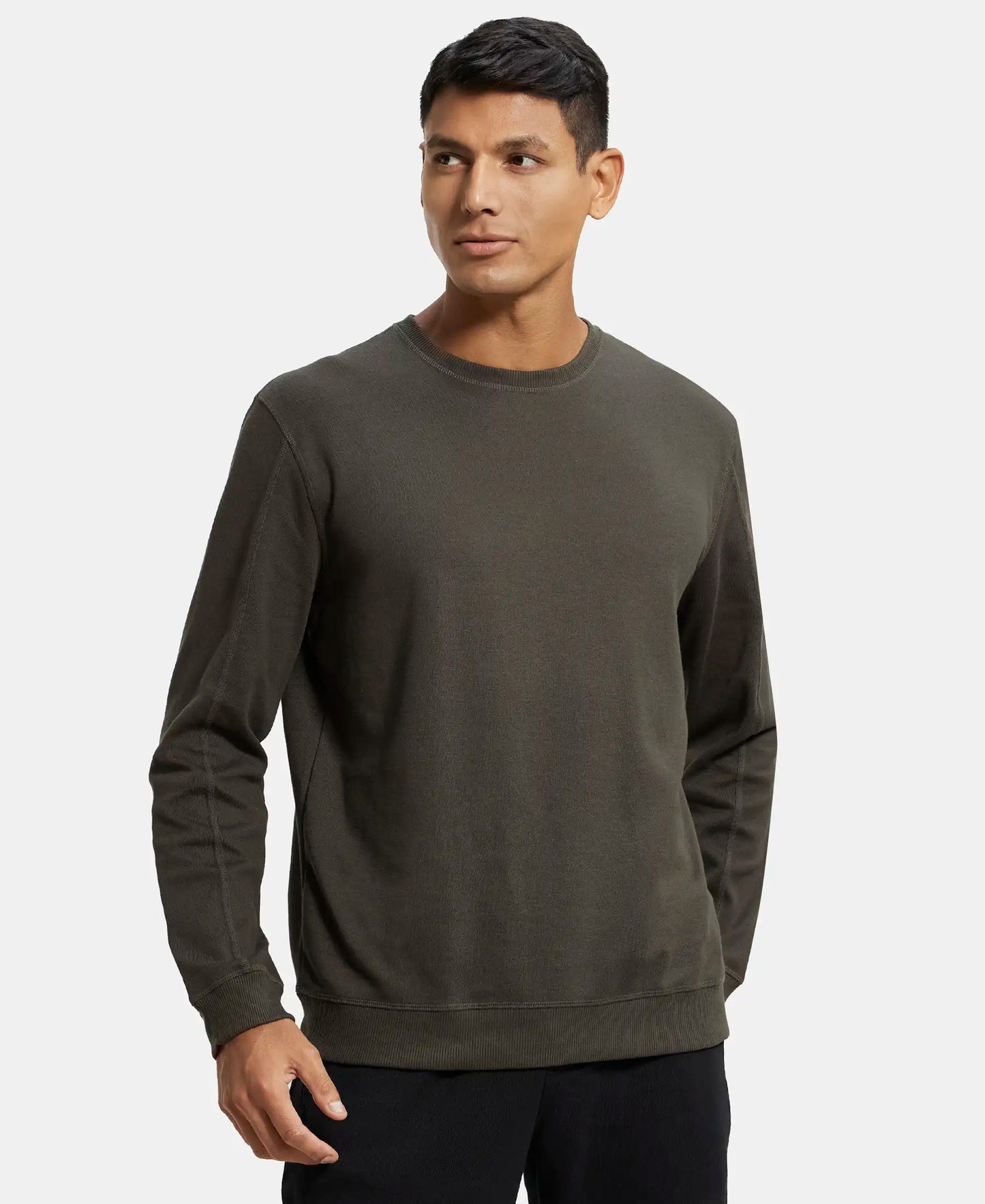 Super Combed Cotton Rich Pique Sweatshirt with Ribbed Cuffs - Black Olive-2
