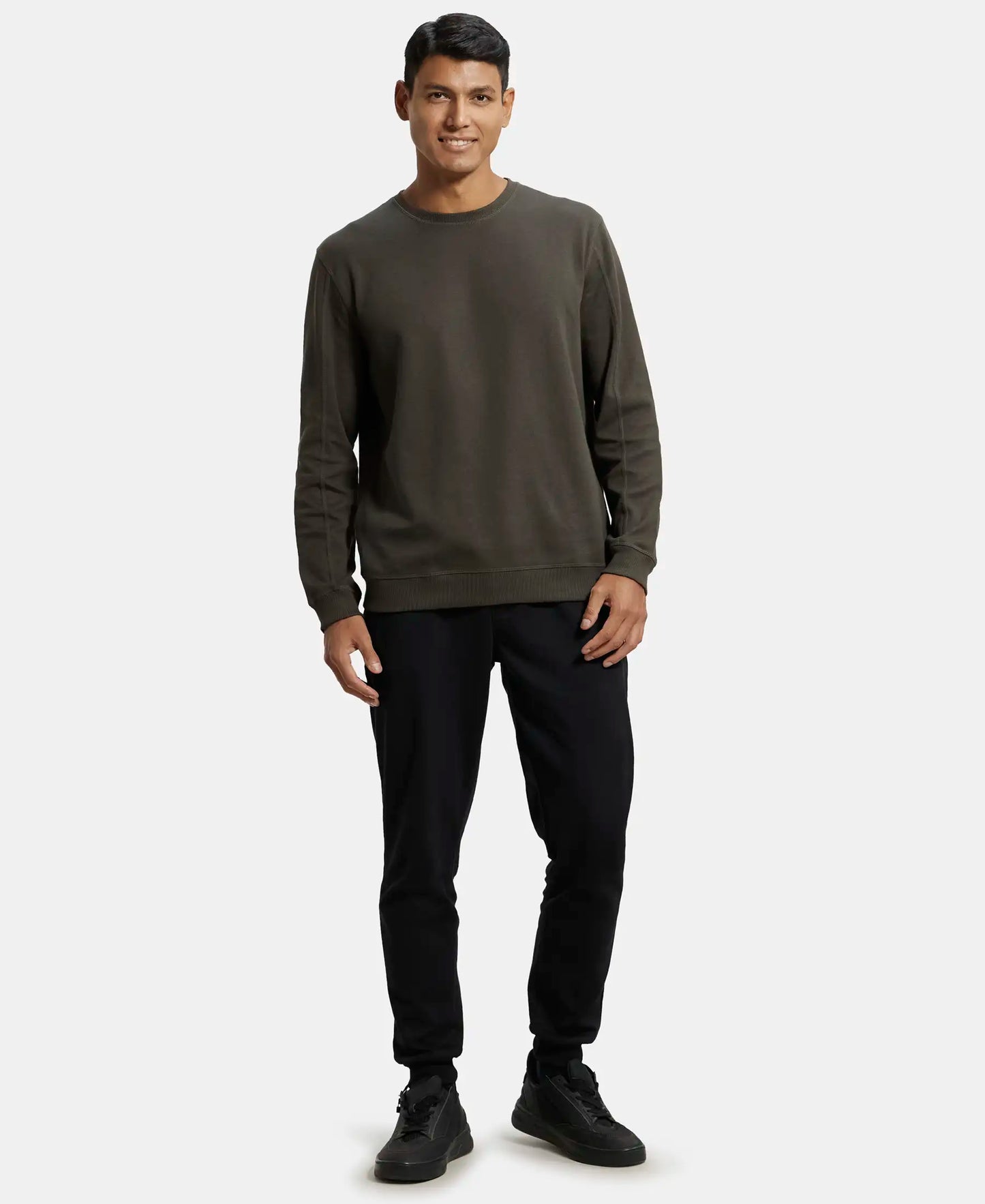Super Combed Cotton Rich Pique Sweatshirt with Ribbed Cuffs - Black Olive-4