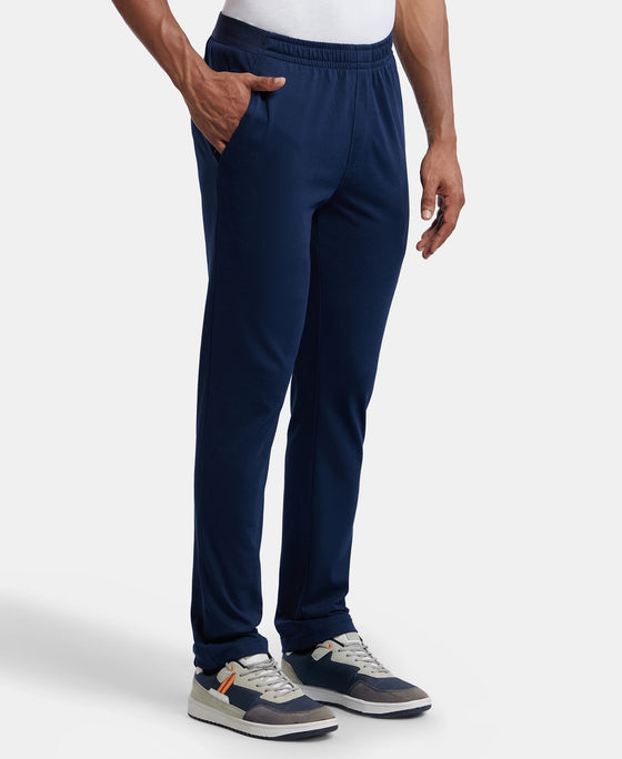 Super Combed Cotton Rich Slim Fit Trackpants with Side and Zipper Media Pockets  - Navy-2