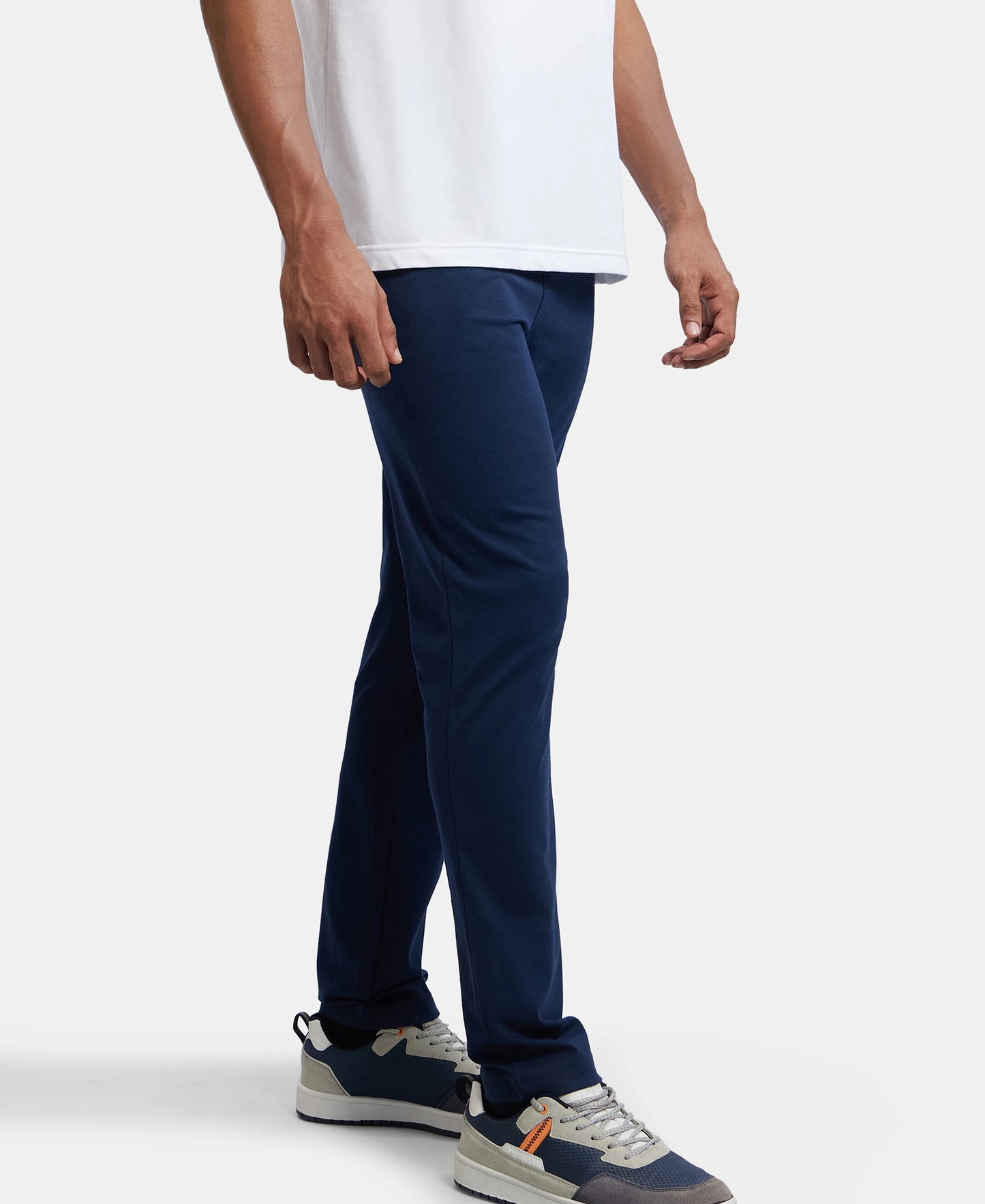 Super Combed Cotton Rich Slim Fit Trackpants with Side and Zipper Media Pockets  - Navy-5