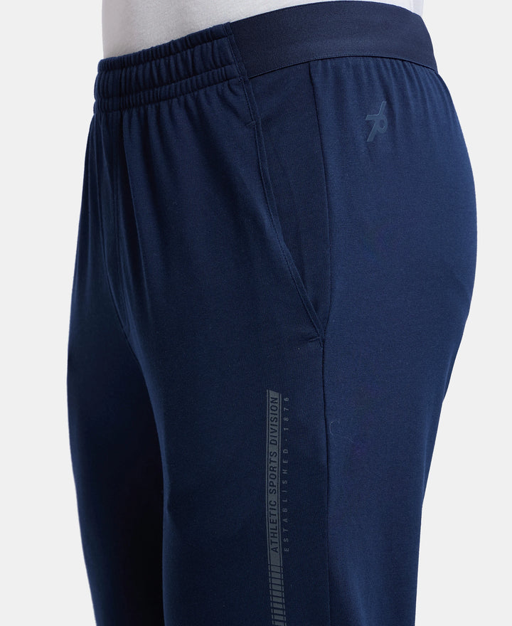 Super Combed Cotton Rich Slim Fit Trackpants with Side and Zipper Media Pockets  - Navy-7