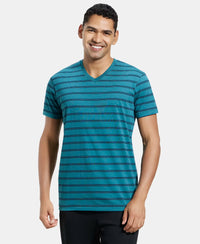 Super Combed Cotton Rich Striped V Neck Half Sleeve T-Shirt - Pacific Green & Navy-1