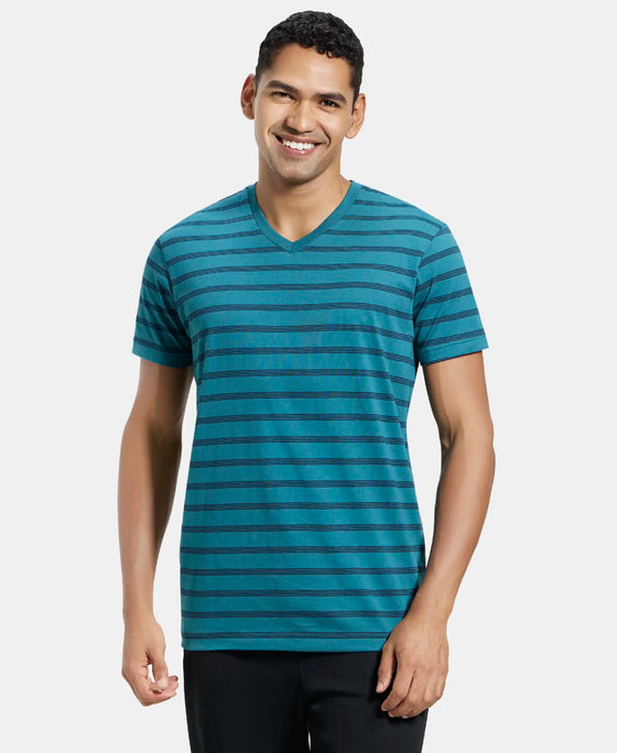 Super Combed Cotton Rich Striped V Neck Half Sleeve T-Shirt - Pacific Green & Navy-1