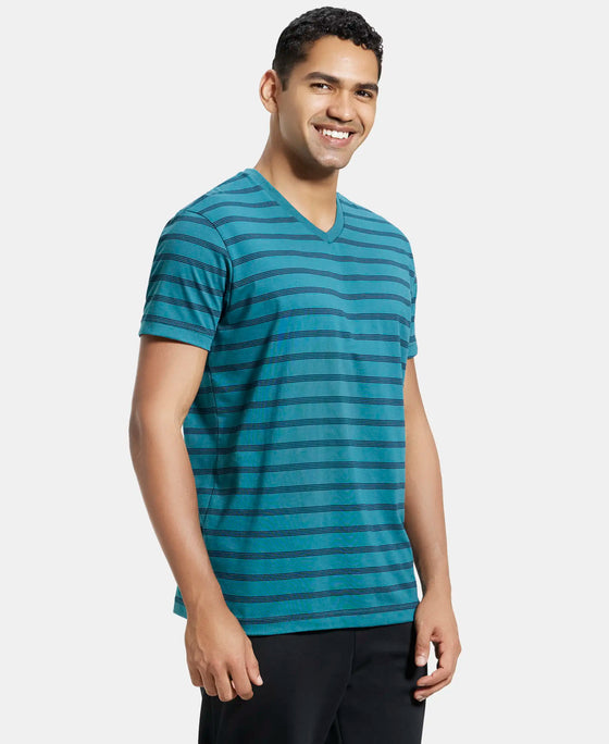 Super Combed Cotton Rich Striped V Neck Half Sleeve T-Shirt - Pacific Green & Navy-2
