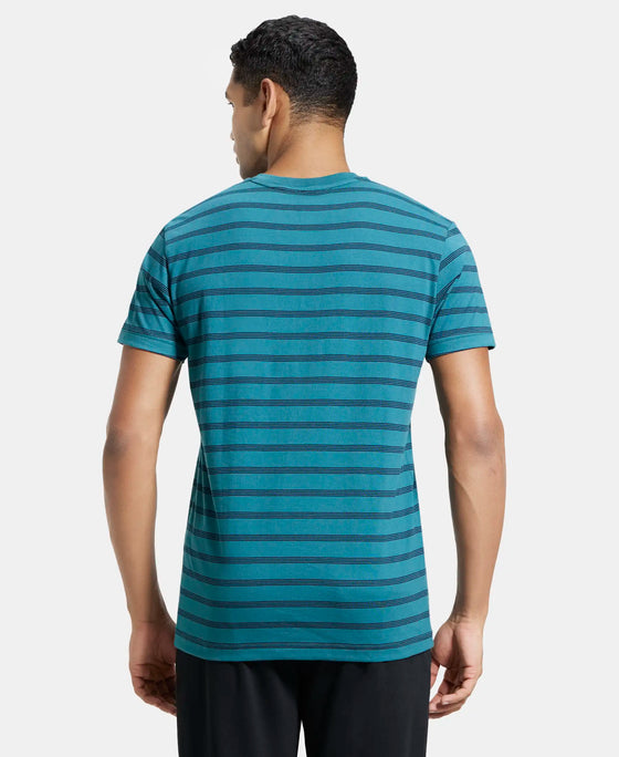 Super Combed Cotton Rich Striped V Neck Half Sleeve T-Shirt - Pacific Green & Navy-3