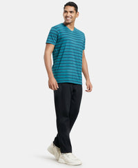Super Combed Cotton Rich Striped V Neck Half Sleeve T-Shirt - Pacific Green & Navy-4