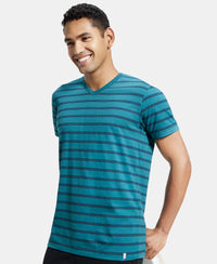 Super Combed Cotton Rich Striped V Neck Half Sleeve T-Shirt - Pacific Green & Navy-5