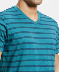Super Combed Cotton Rich Striped V Neck Half Sleeve T-Shirt - Pacific Green & Navy-6