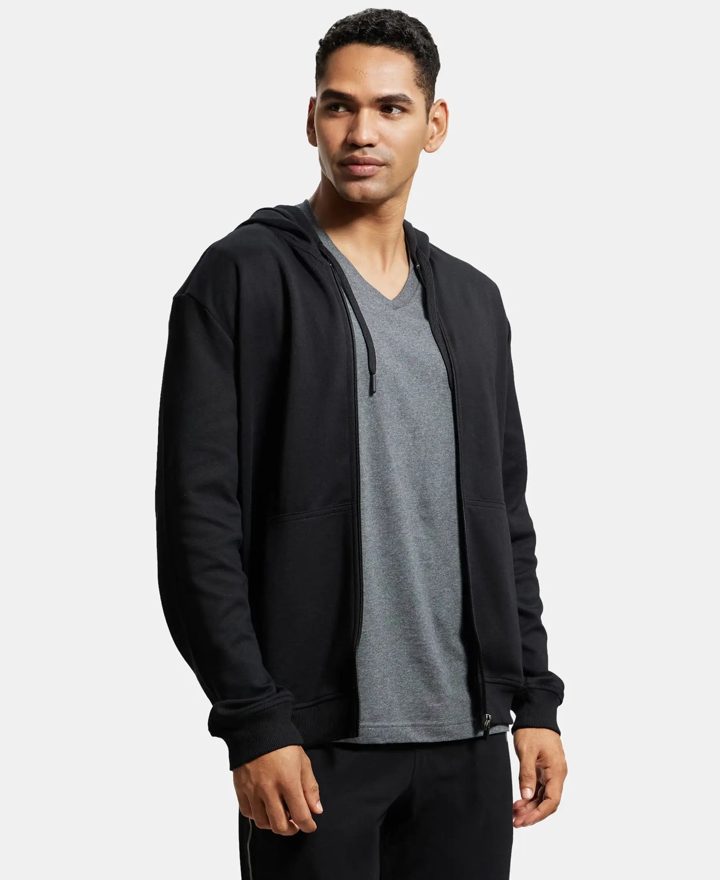 Super Combed Cotton Rich Pique Hoodie Jacket with Ribbed Cuffs - Black-2