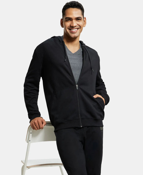 Super Combed Cotton Rich Pique Hoodie Jacket with Ribbed Cuffs - Black-5