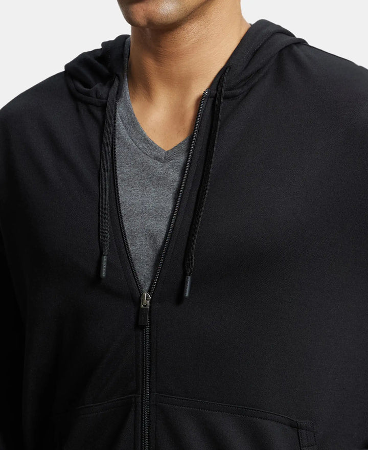 Super Combed Cotton Rich Pique Hoodie Jacket with Ribbed Cuffs - Black-6