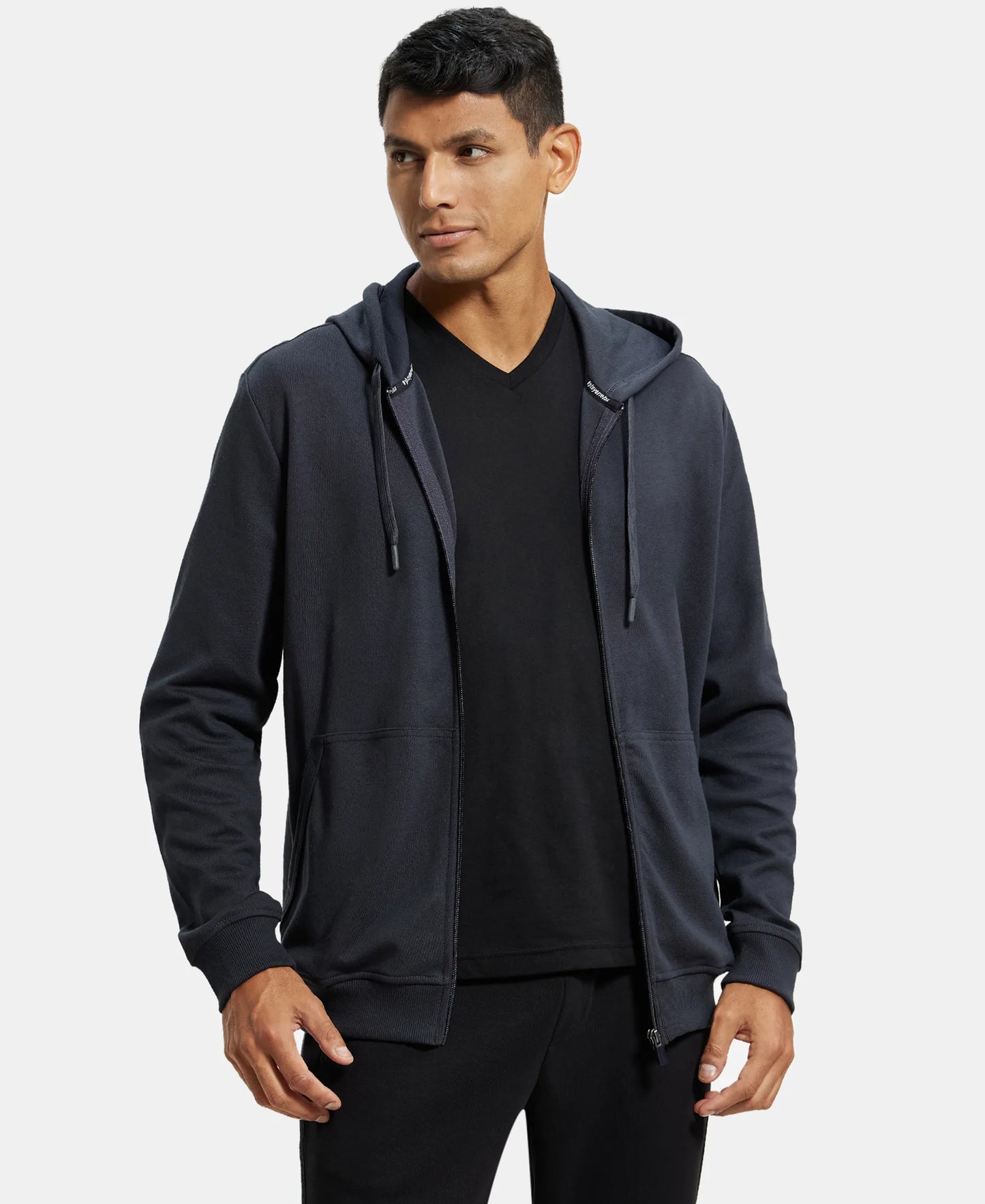 Super Combed Cotton Rich Pique Hoodie Jacket with Ribbed Cuffs - Graphite-1
