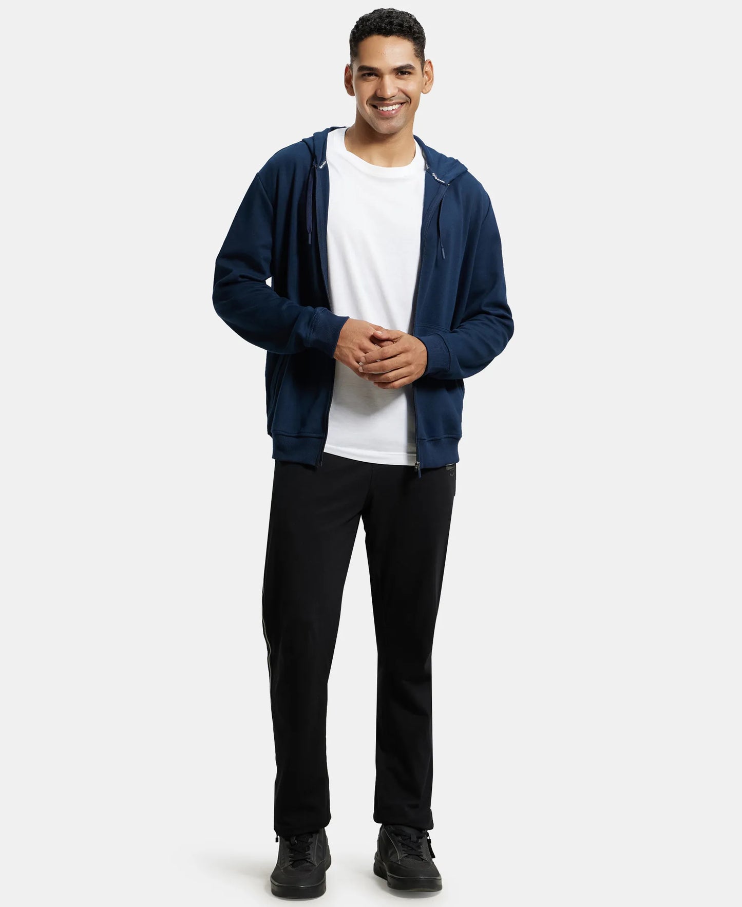Super Combed Cotton Rich Pique Hoodie Jacket with Ribbed Cuffs - Navy-4