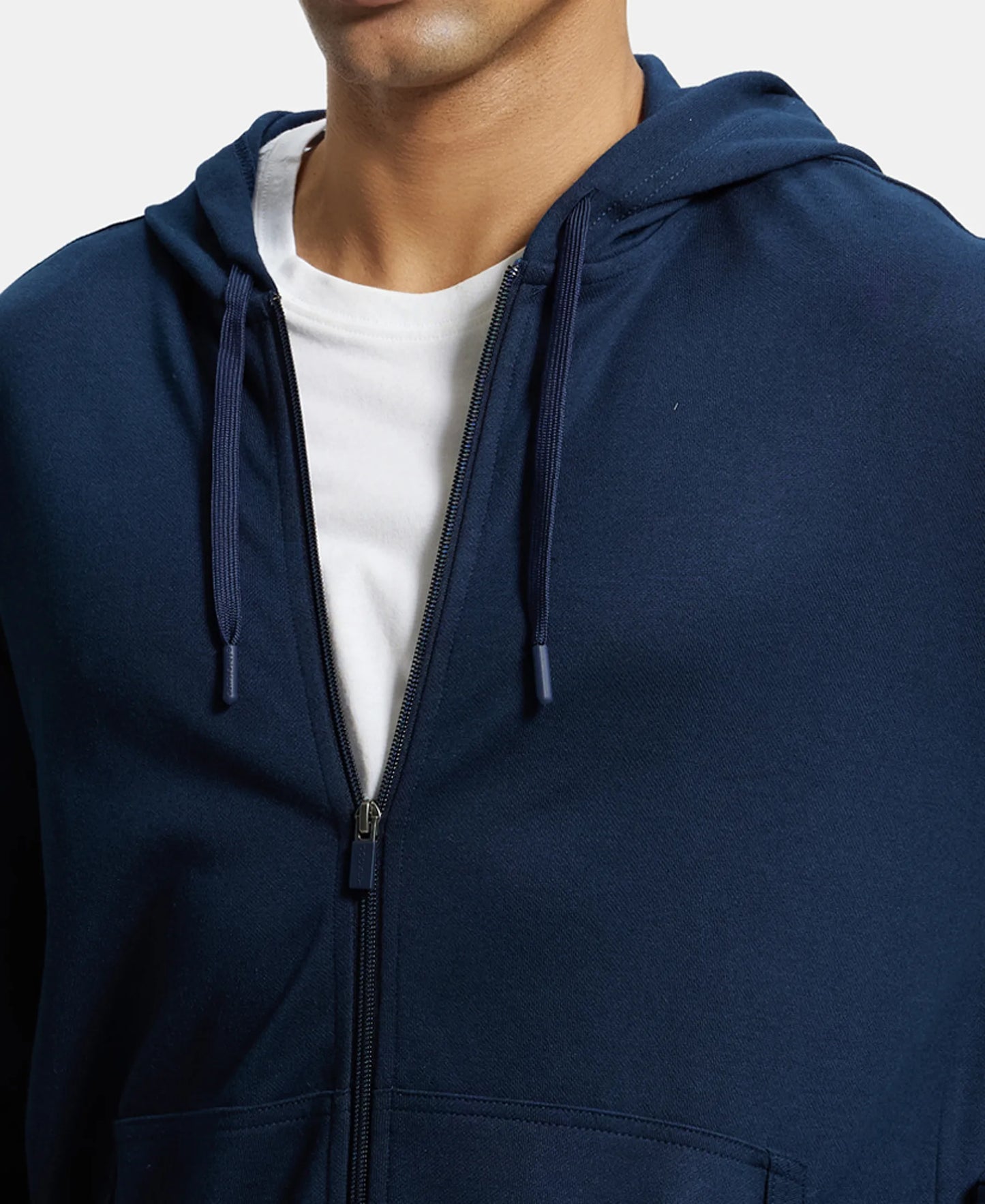 Super Combed Cotton Rich Pique Hoodie Jacket with Ribbed Cuffs - Navy-7