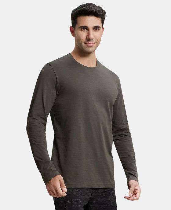 Super Combed Cotton Rich Solid Round Neck Full Sleeve T-Shirt - Black Olive-2