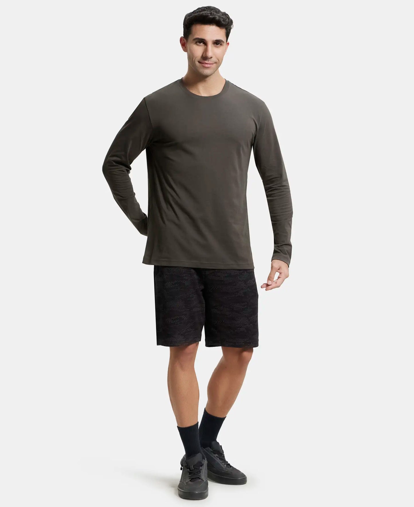 Super Combed Cotton Rich Solid Round Neck Full Sleeve T-Shirt - Black Olive-4