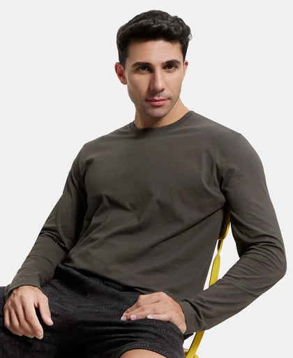 Super Combed Cotton Rich Solid Round Neck Full Sleeve T-Shirt - Black Olive-5