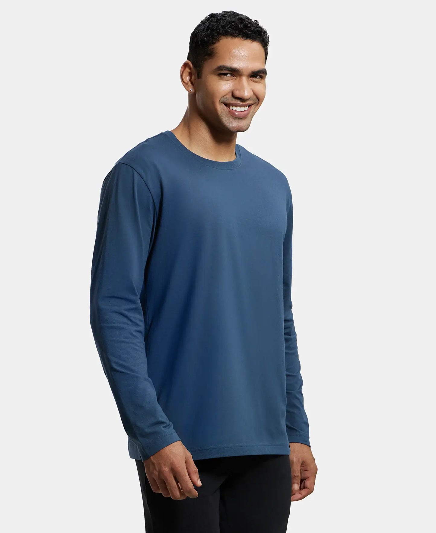 Super Combed Cotton Rich Solid Round Neck Full Sleeve T-Shirt - Mid Night Navy-2