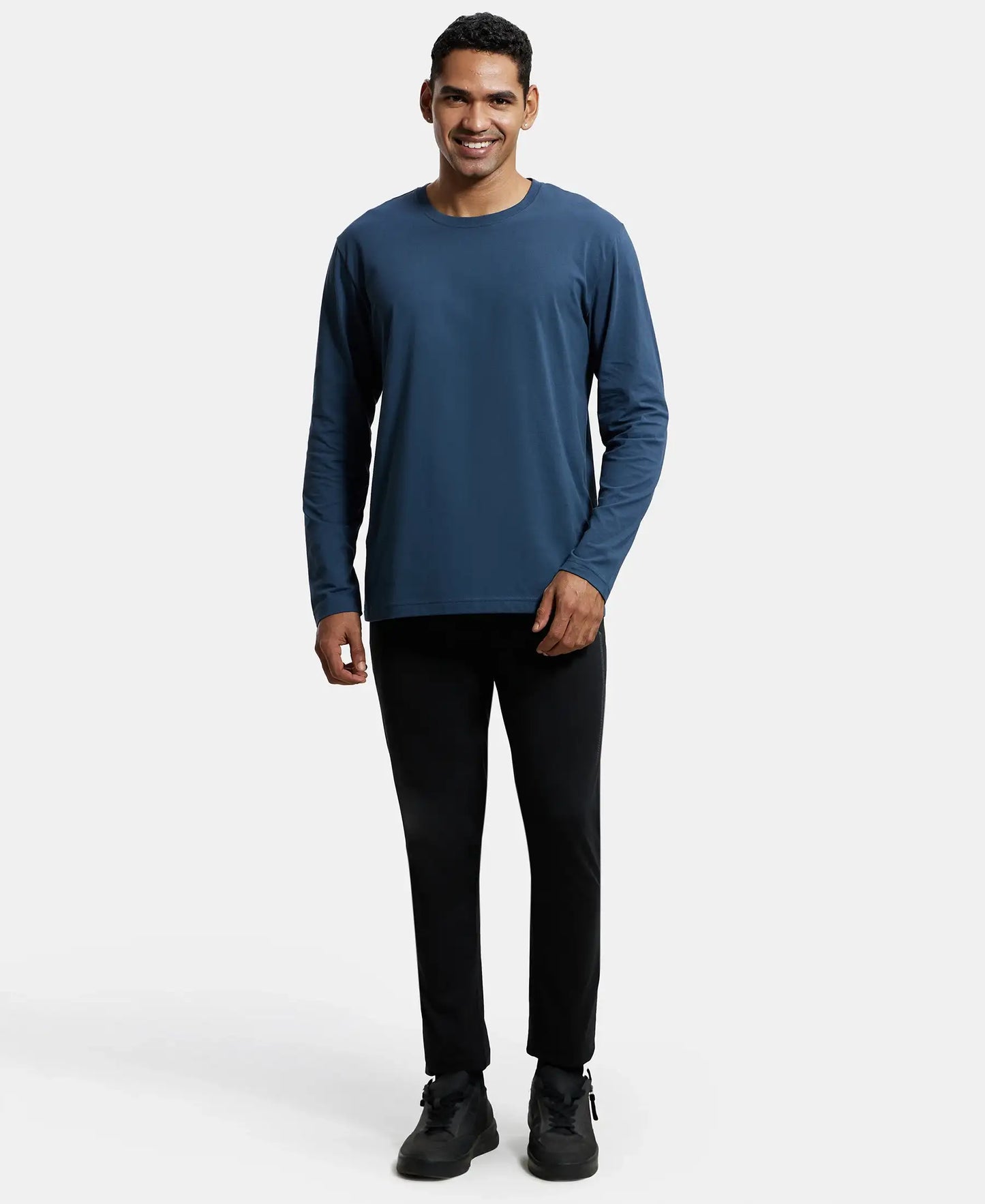 Super Combed Cotton Rich Solid Round Neck Full Sleeve T-Shirt - Mid Night Navy-4