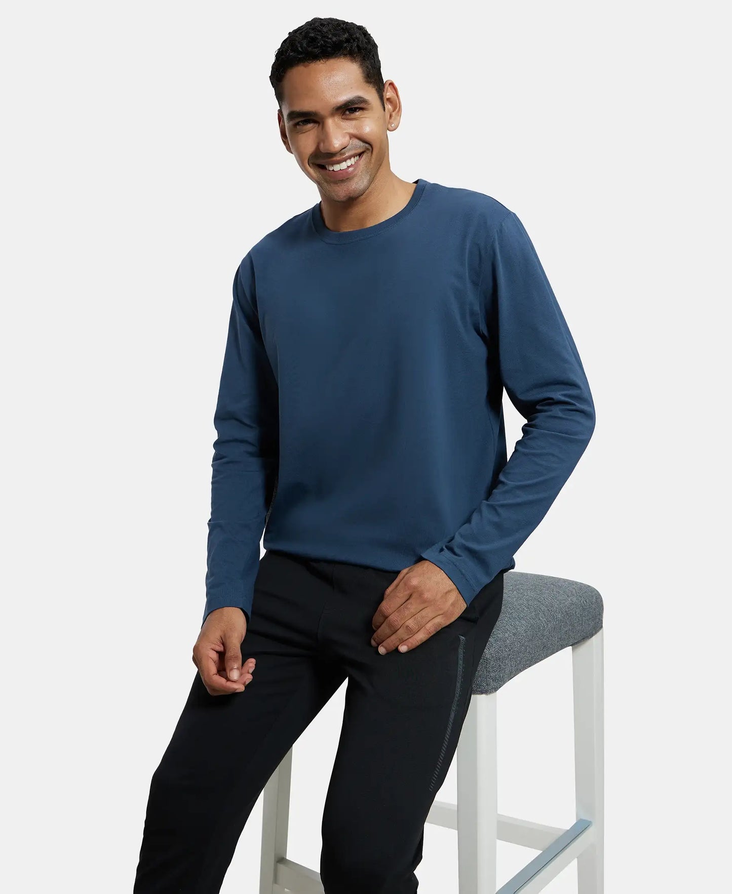Super Combed Cotton Rich Solid Round Neck Full Sleeve T-Shirt - Mid Night Navy-5