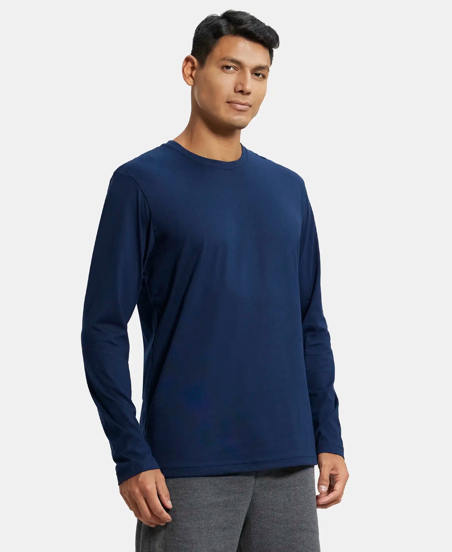 Super Combed Cotton Rich Solid Round Neck Full Sleeve T-Shirt - Navy-2