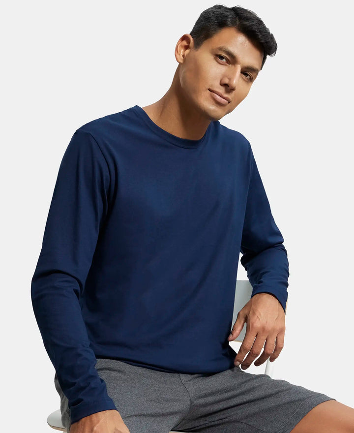 Super Combed Cotton Rich Solid Round Neck Full Sleeve T-Shirt - Navy-5