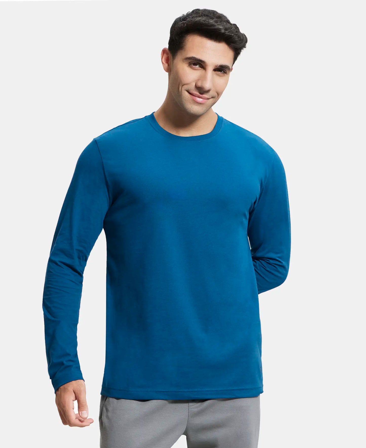 Super Combed Cotton Rich Solid Round Neck Full Sleeve T-Shirt - Seaport Teal-1
