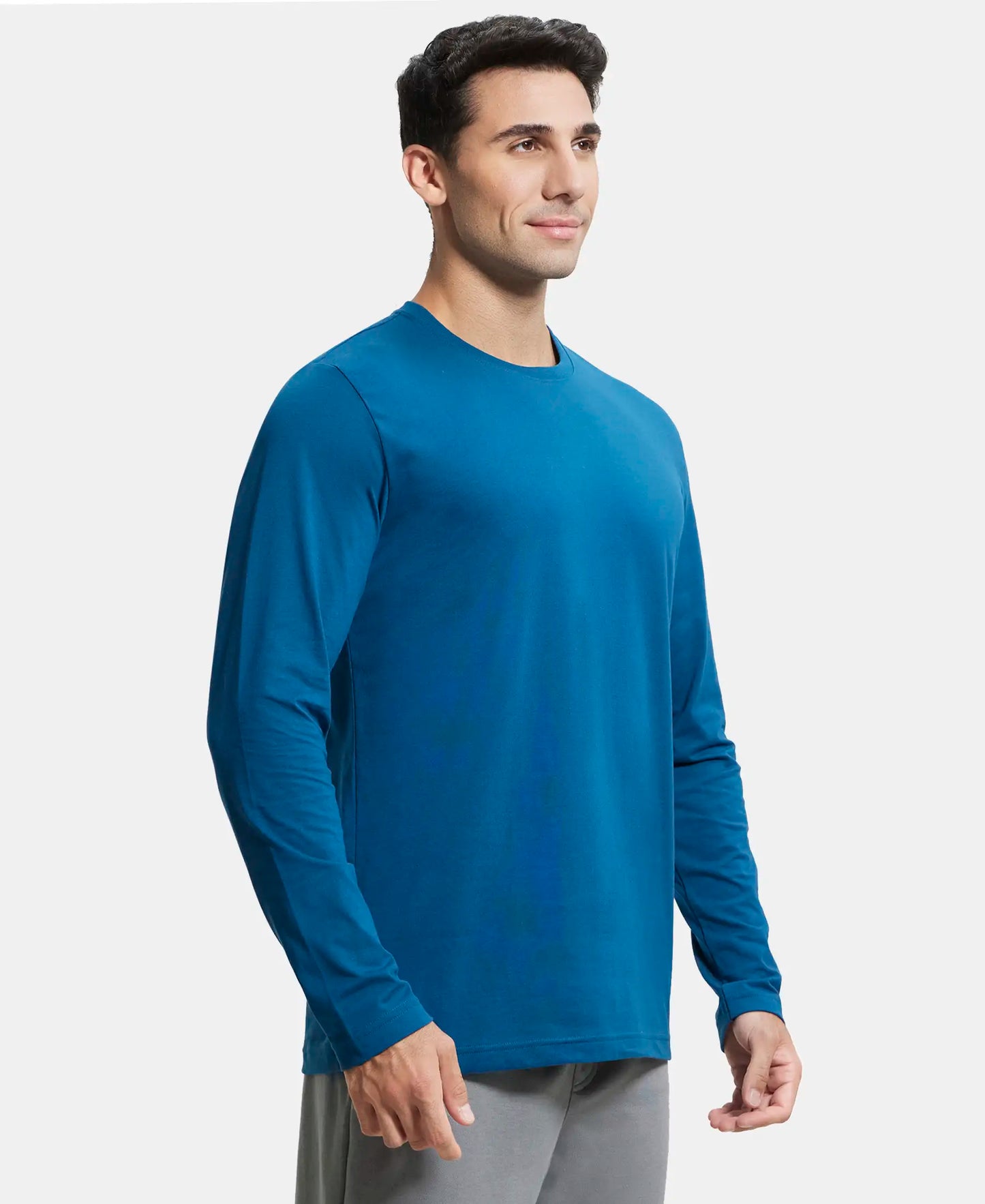 Super Combed Cotton Rich Solid Round Neck Full Sleeve T-Shirt - Seaport Teal-2
