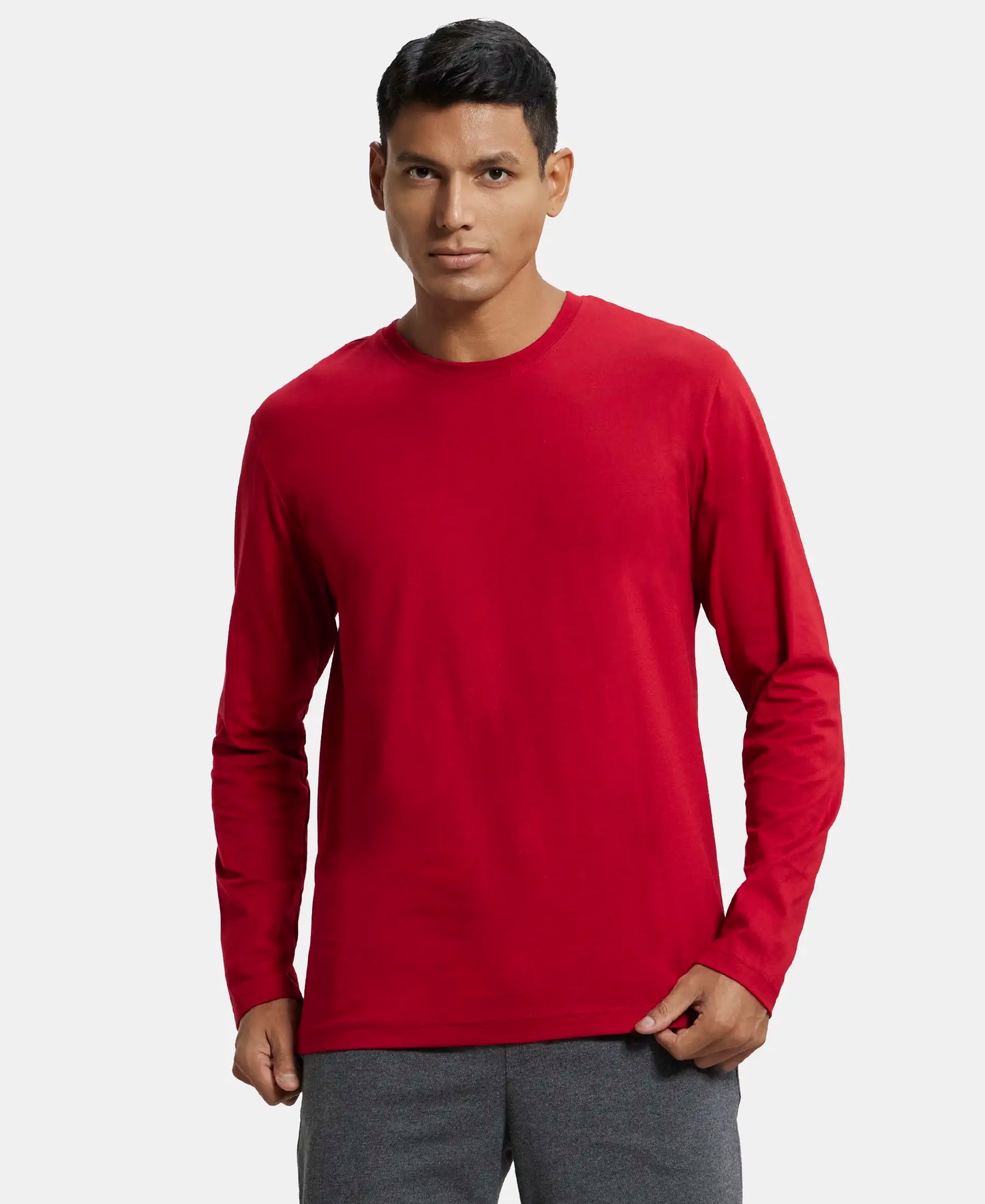 Super Combed Cotton Rich Solid Round Neck Full Sleeve T-Shirt - Shanghai Red-1