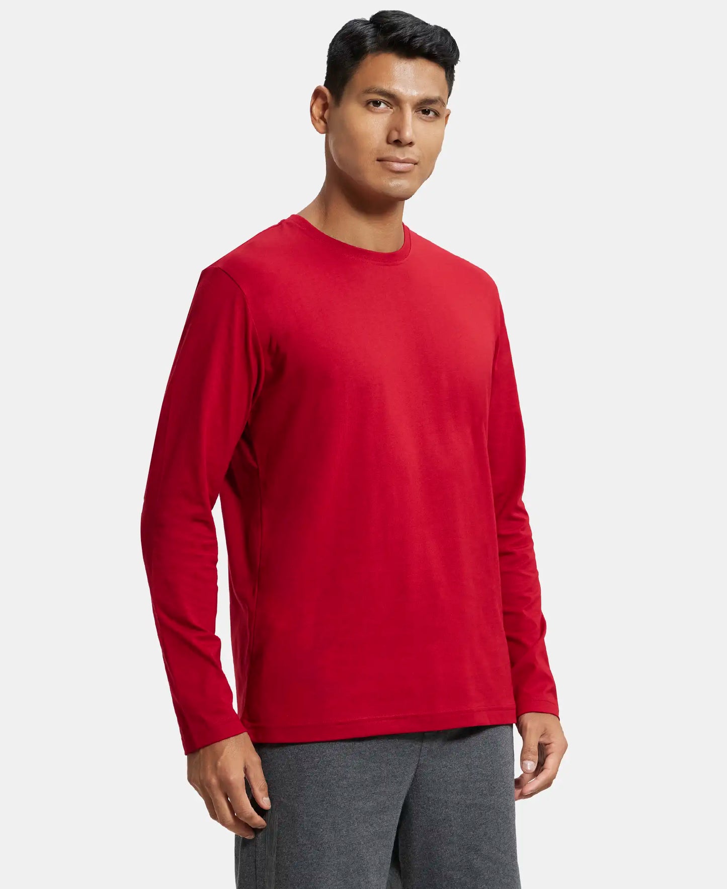 Super Combed Cotton Rich Solid Round Neck Full Sleeve T-Shirt - Shanghai Red-2