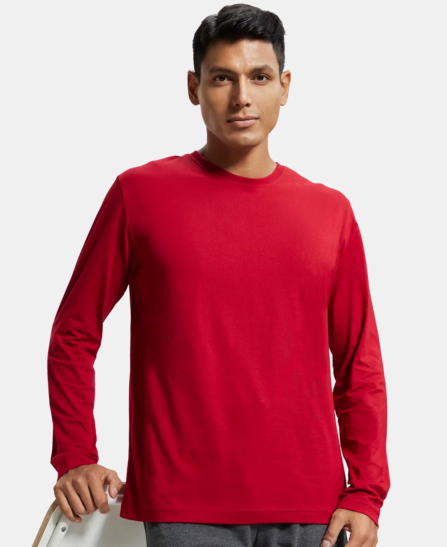 Super Combed Cotton Rich Solid Round Neck Full Sleeve T-Shirt - Shanghai Red-5