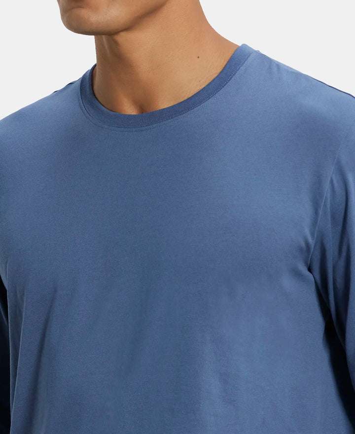 Super Combed Cotton Rich Solid Round Neck Full Sleeve T-Shirt - Vintage Indigo-7