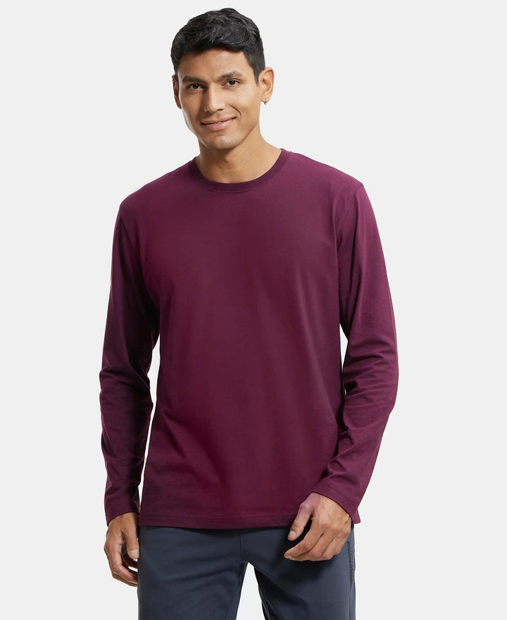 Super Combed Cotton Rich Solid Round Neck Full Sleeve T-Shirt - Wine Tasting-1