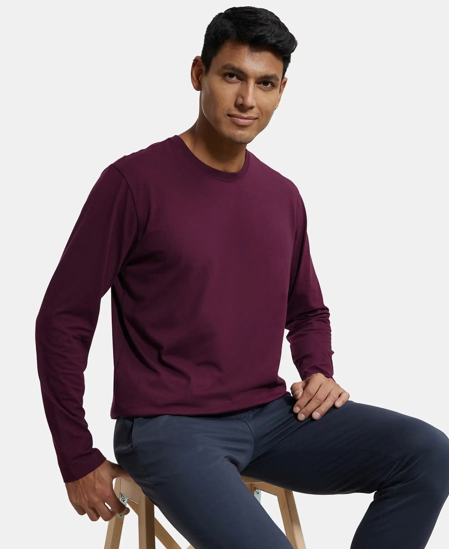 Super Combed Cotton Rich Solid Round Neck Full Sleeve T-Shirt - Wine Tasting-5